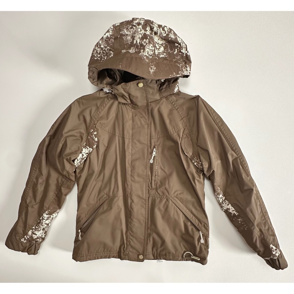 Y2K Nils Women Brown White Print Insulated Ski Snowboard Jacket Hooded Size S